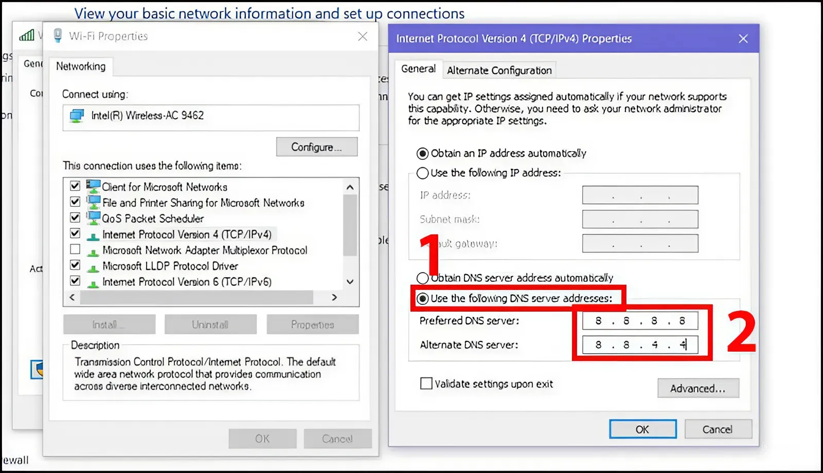 How to change DNS Win 10 via Control Panel